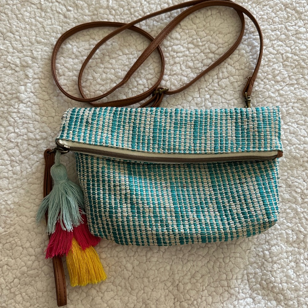 Women’s Teal Woven Crossbody Bag with Tassel Accent